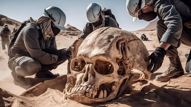 Um grupo de pessoas usando capacetes está olhando para uma caveira no deserto.