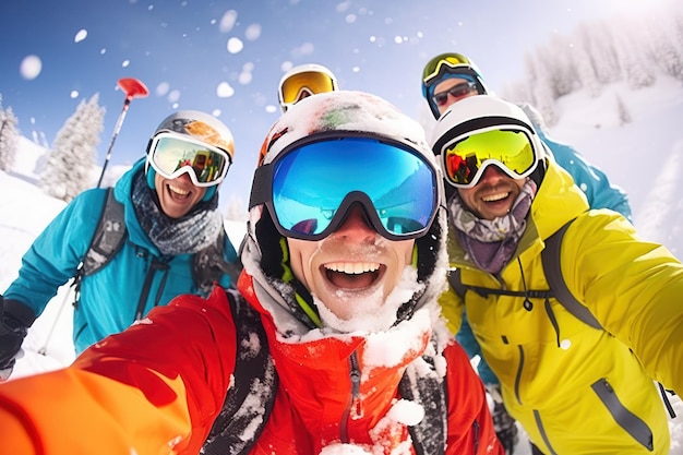 Foto um grupo de pessoas usando equipamentos de esqui tiram uma selfie juntos