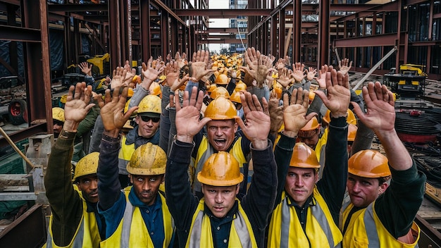 um grupo de pessoas vestindo coletes amarelos e coletes amarelo estão em um armazém