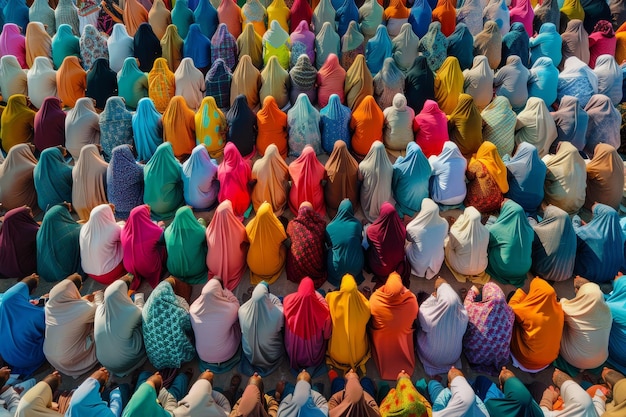 Um grupo de pessoas vestindo lenços e turbantes coloridos