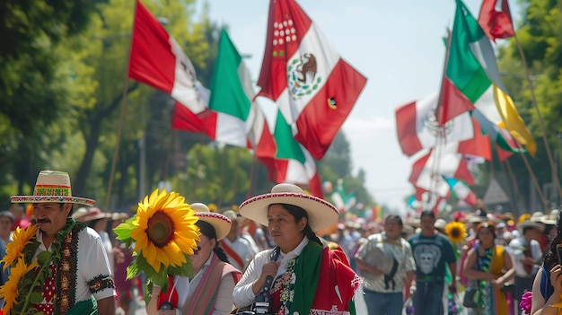 Um grupo de pessoas vestindo roupas tradicionais e carregando bandeiras mexicanas estão andando por uma rua durante um desfile