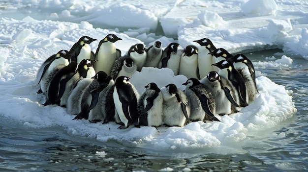 Um grupo de pinguins amontoados em um gelo em encolhimento. O habitat habitual desaparece gradualmente.