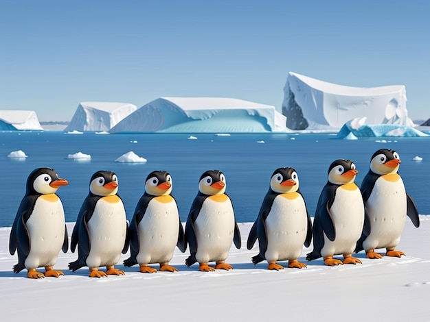Um grupo de pinguins andando pelo gelo na Antártica