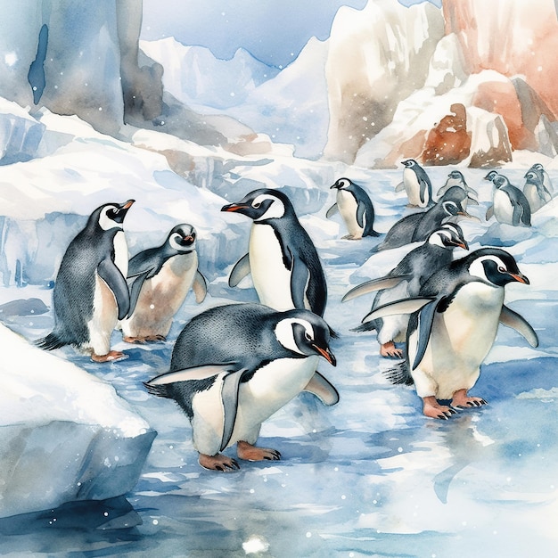 Um grupo de pinguins caminhando por um campo coberto de neve Imagem generativa de IA