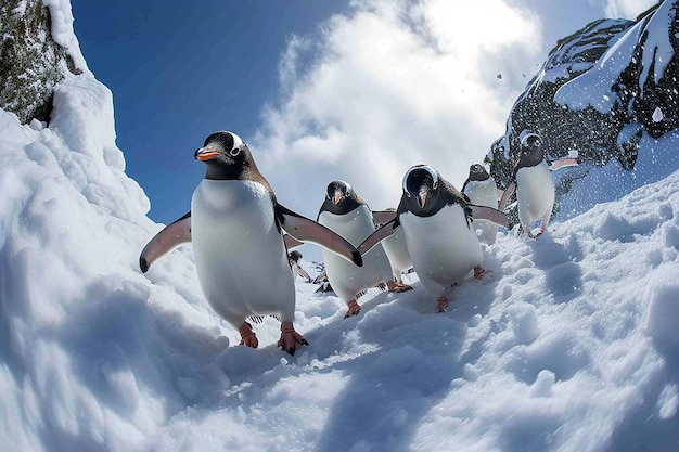 Um grupo de pinguins com um deles tem um céu azul atrás deles