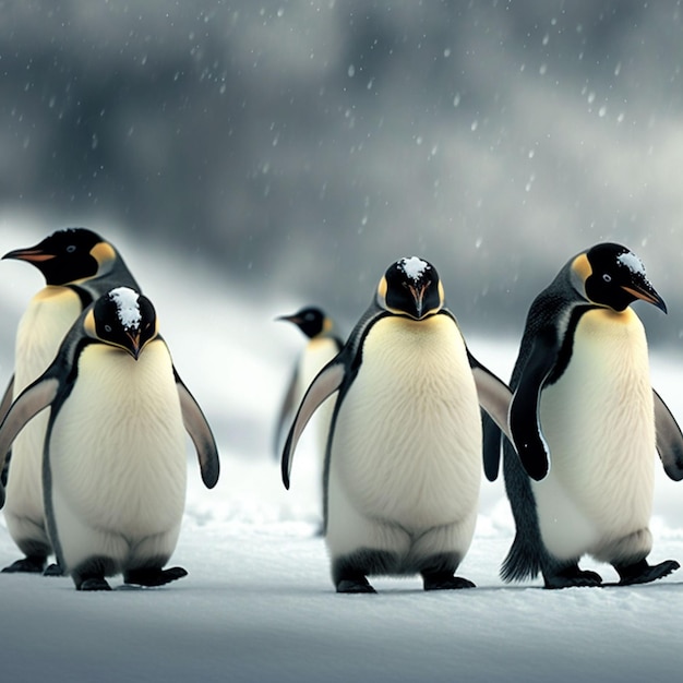 Um grupo de pinguins está andando na neve.