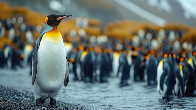 Um grupo de pinguins está de pé em um corpo de água