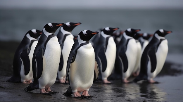 Um grupo de pinguins está em uma praia.