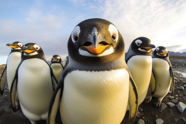 Um grupo de pinguins tirando uma selfie em um fundo desfocado Ilustração de IA gerativa