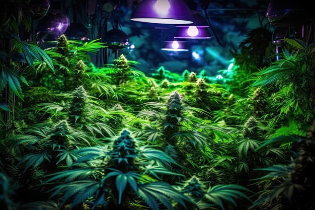 Um grupo de plantas de maconha em uma sala com luzes