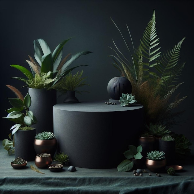 um grupo de plantas em vaso e uma planta em uma mesa
