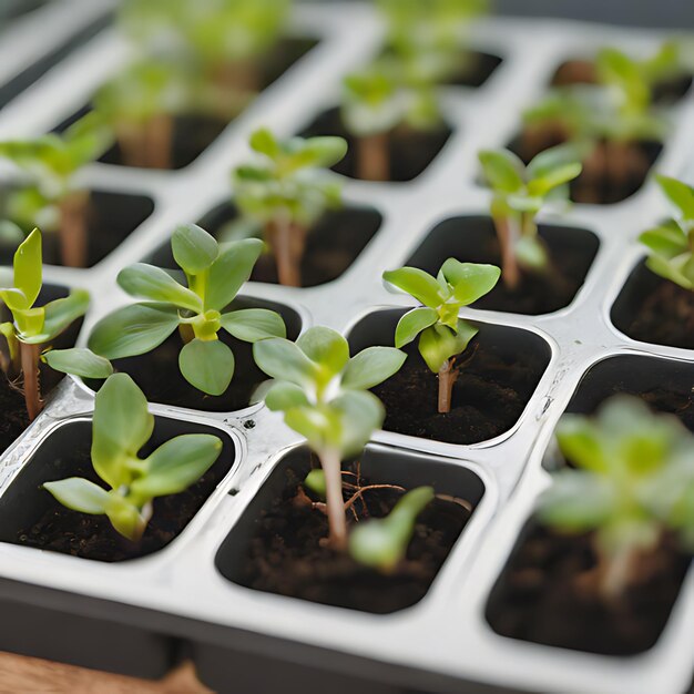 um grupo de plantas que estão em uma bandeja