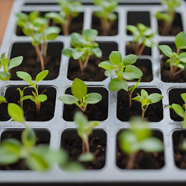 um grupo de plantas que são rotuladas como " planta " em um recipiente