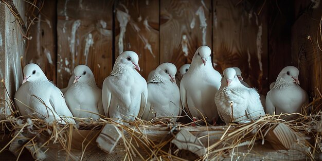 um grupo de pombas brancas estão sentadas no feno um dos quais é branco