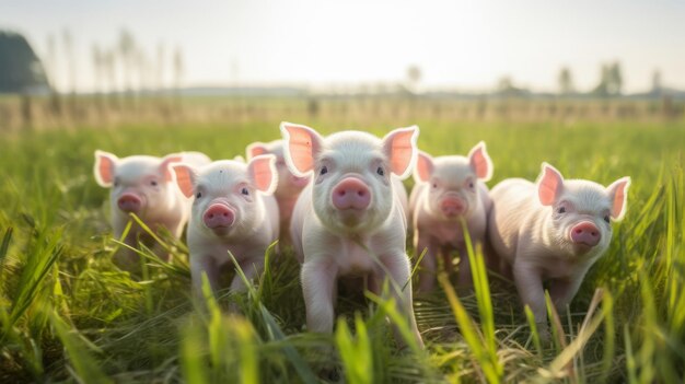 Um grupo de porcos de pé no topo de um campo verde exuberante