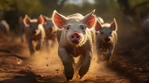 Um grupo de porcos domésticos correndo em um campo