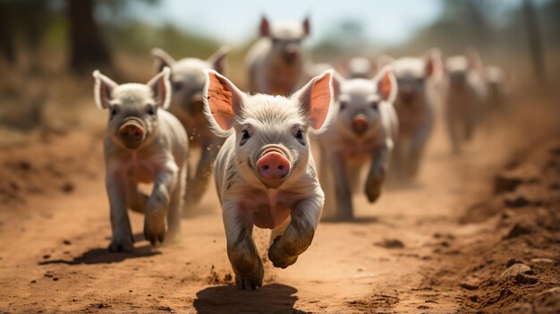 Um grupo de porquinhos correndo em uma estrada de terra