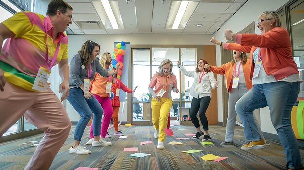 Foto um grupo de profissionais de negócios diversos estão dançando e se divertindo em um escritório