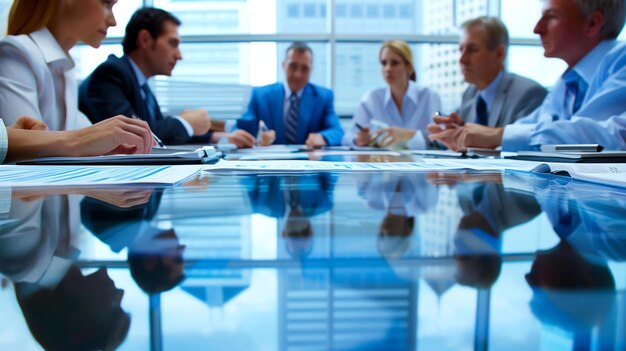 Foto um grupo de profissionais de negócios em ternos e trajes formais estão envolvidos em uma discussão séria em torno de uma mesa de conferência