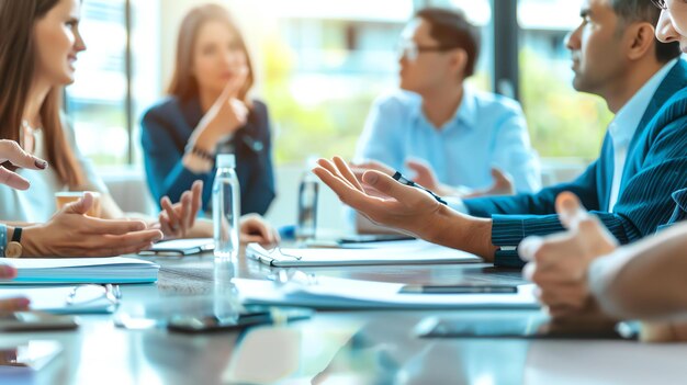 Um grupo de profissionais de negócios está tendo uma reunião em um espaço de escritório moderno