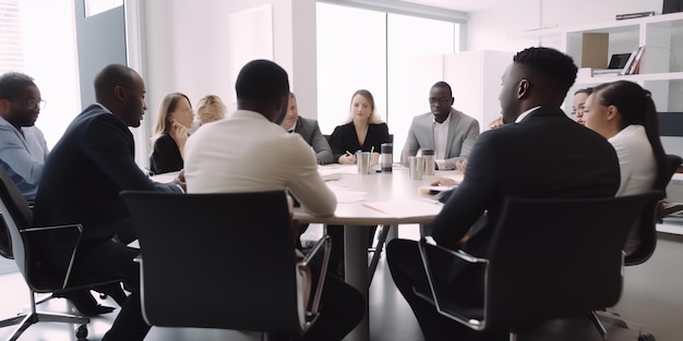 um grupo de profissionais reunidos em uma sala de escritório para uma reunião