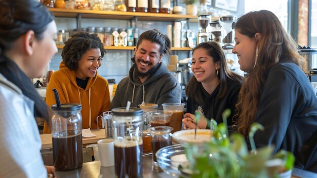 Um grupo de quatro jovens amigos estão sentados em torno de uma mesa em uma cafeteria rindo e conversando