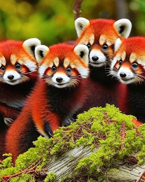 Foto um grupo de quatro lindos pandas vermelhos juntos