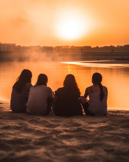 Um grupo de raparigas sentam-se na areia ao pôr do sol.