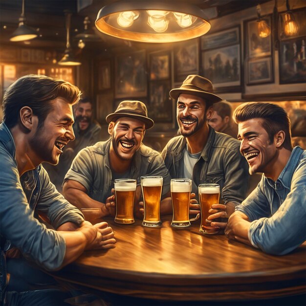 Um grupo de rapazes relaxando em uma mesa com copos de cerveja na mesa, há um fantasma entre