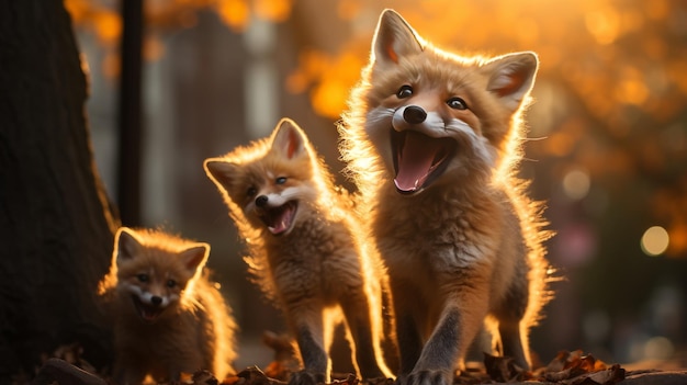 Um grupo de raposas de pé perto uns dos outros seus olhos brilhantes olhando para fora em uníssono