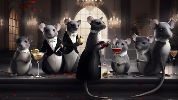 Um grupo de ratos em uma mesa de jantar