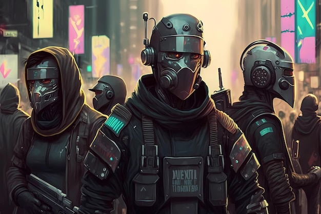 Um grupo de rebeldes cyberpunk vestindo ternos de robô e protestando contra a opressiva ilustração de arte digital do governo