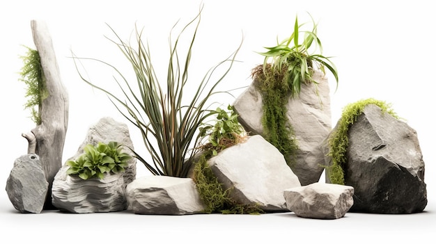um grupo de rochas com plantas e grama sobre elas