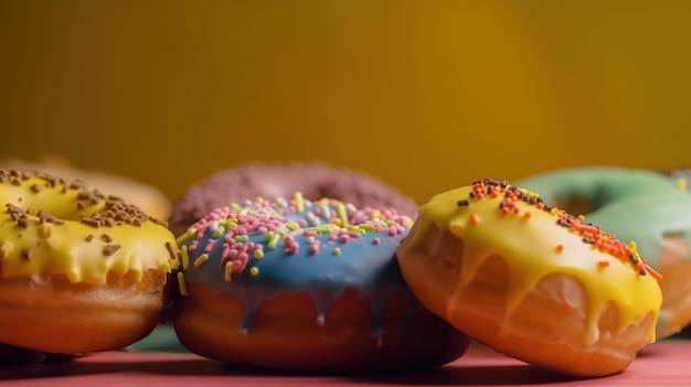 Um grupo de rosquinhas com confeitos de cores diferentes