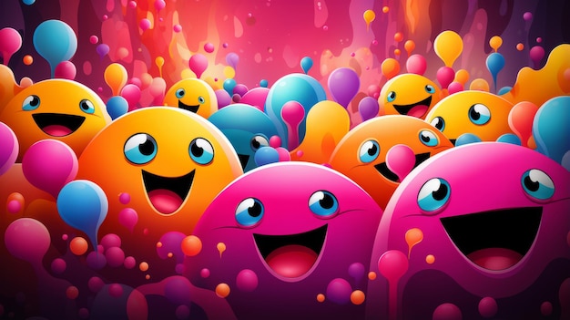 um grupo de rostos coloridos de desenhos animados com olhos e bocas