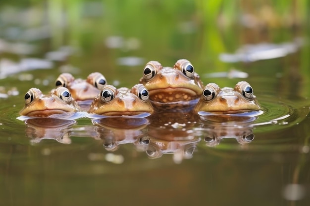 Um grupo de sapos desovando em uma lagoa espumosa