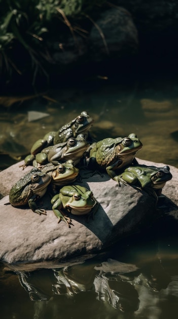 Um grupo de sapos sentados em cima de uma rocha Imagem generativa de IA
