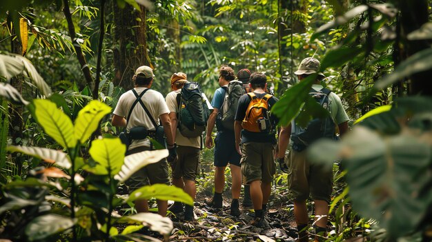 Foto um grupo de seis homens caminham através de uma densa selva. os homens estão vestindo equipamentos de caminhada e carregando mochilas.