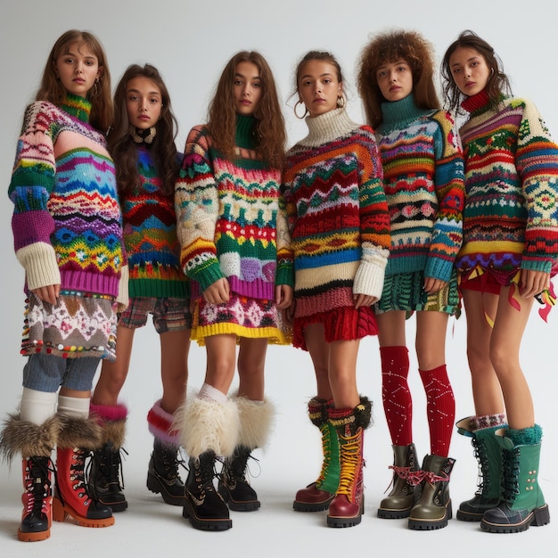 Foto um grupo de seis mulheres jovens vestindo camisolas e botas coloridas