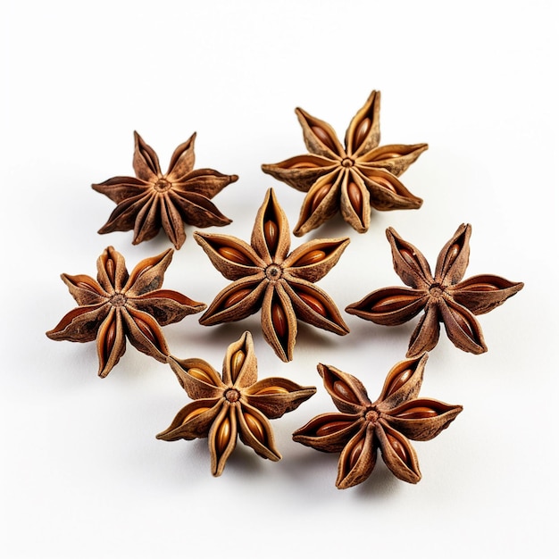 Foto um grupo de sementes de anis estrelado está disposto em círculo.