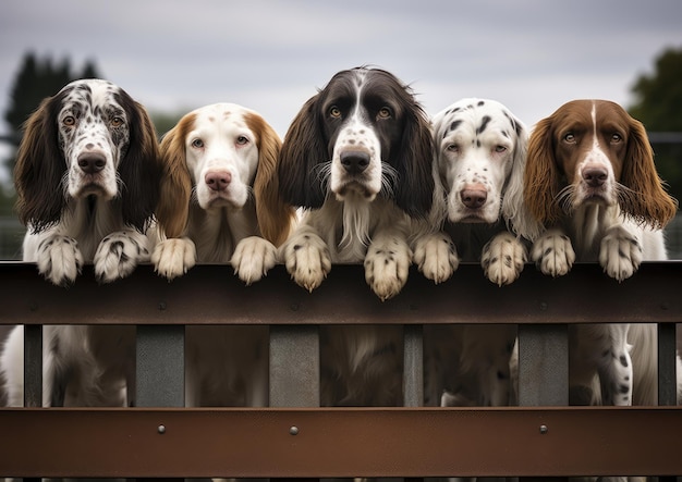 Um grupo de Setters Ingleses esperando pacientemente pela sua vez em um curso de agilidade canina