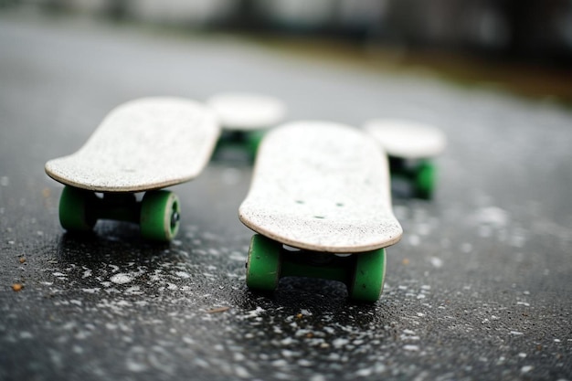 Foto um grupo de skates com rodas verdes estão em uma superfície molhada