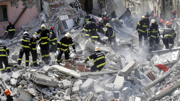 Um grupo de socorristas trabalha nas ruínas de edifícios após um terremoto ou bombardeio em busca e resgate