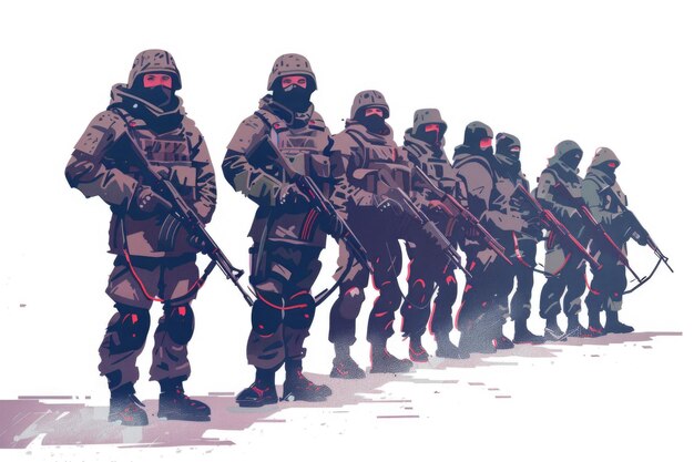 Um grupo de soldados de pé em uma formação adequada para conceitos militares e de trabalho em equipe