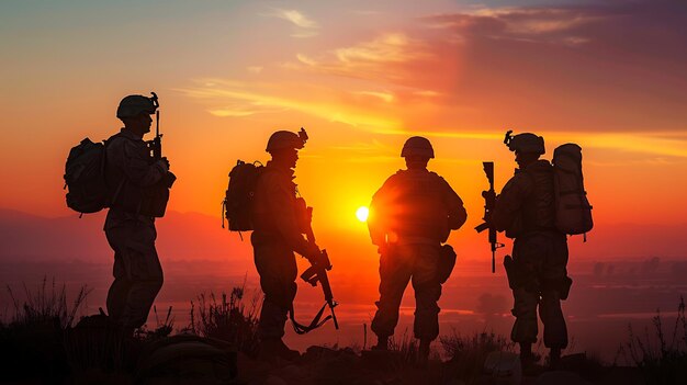 Um grupo de soldados de pé no topo de uma colina observando o pôr do sol o céu é um laranja brilhante e o sol está logo abaixo do horizonte