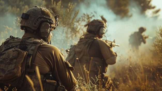 Um grupo de soldados do Exército israelense caminhando com determinação por um vasto campo