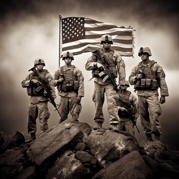 Foto um grupo de soldados em cima de uma rocha com uma bandeira americana ao fundo.