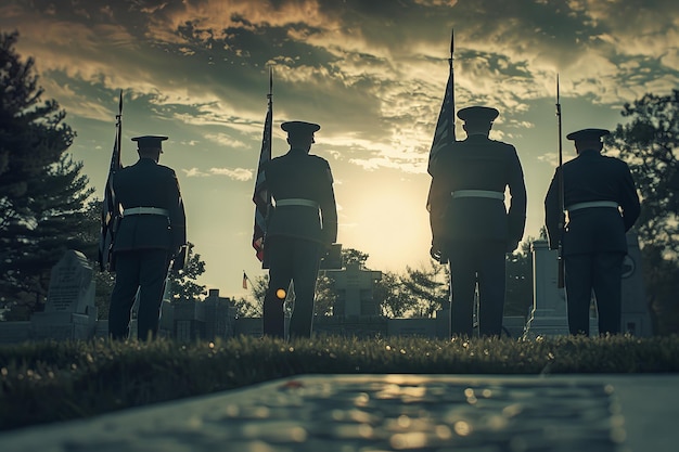 Um grupo de soldados em formação segurando bandeiras e vestindo uniformes