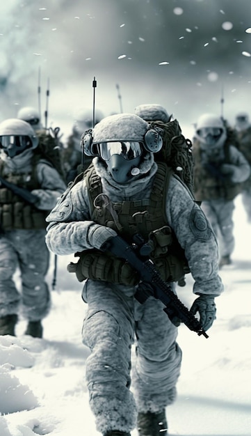 Um grupo de soldados está caminhando na neve.