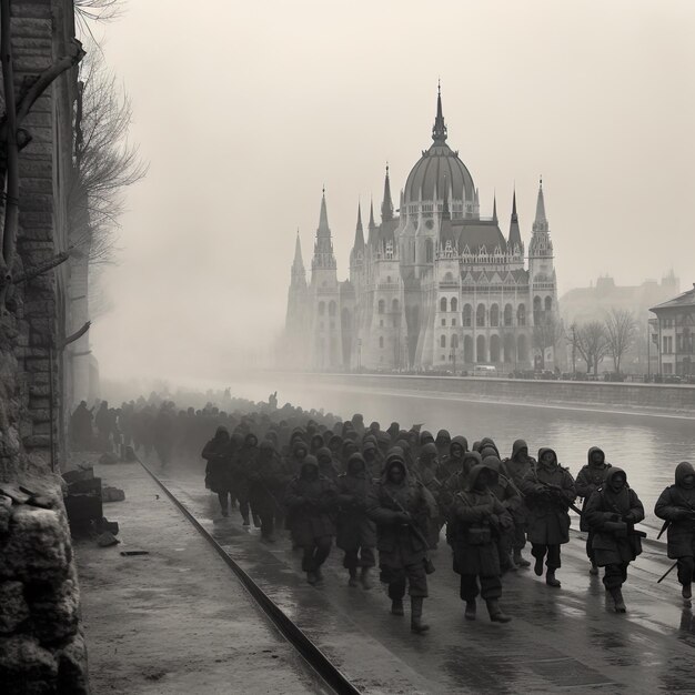 Um grupo de soldados está caminhando por uma rua em frente a um edifício